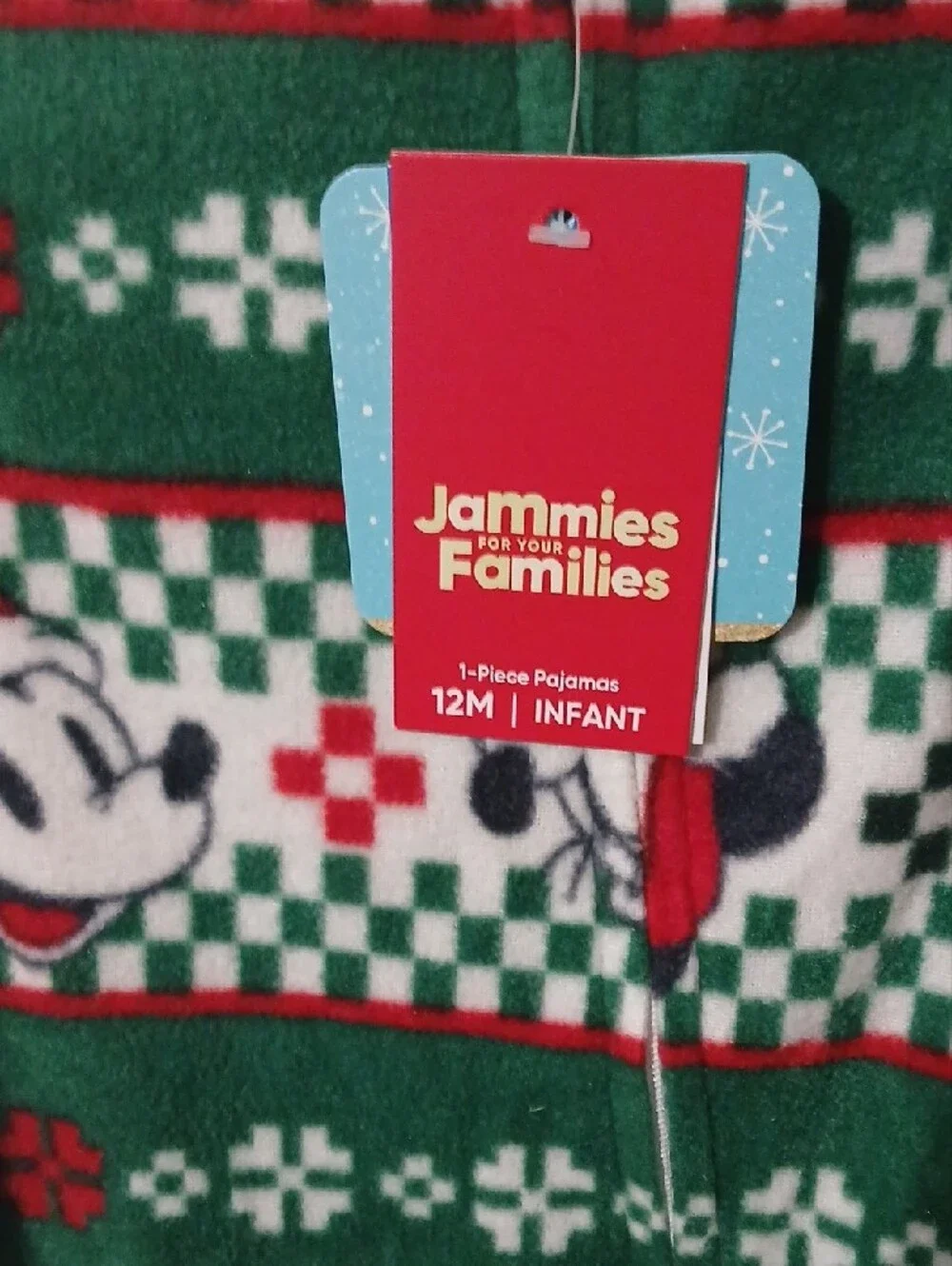 Disney Green and Red Mickey Holiday Footed One-Piece 12 MONTHS